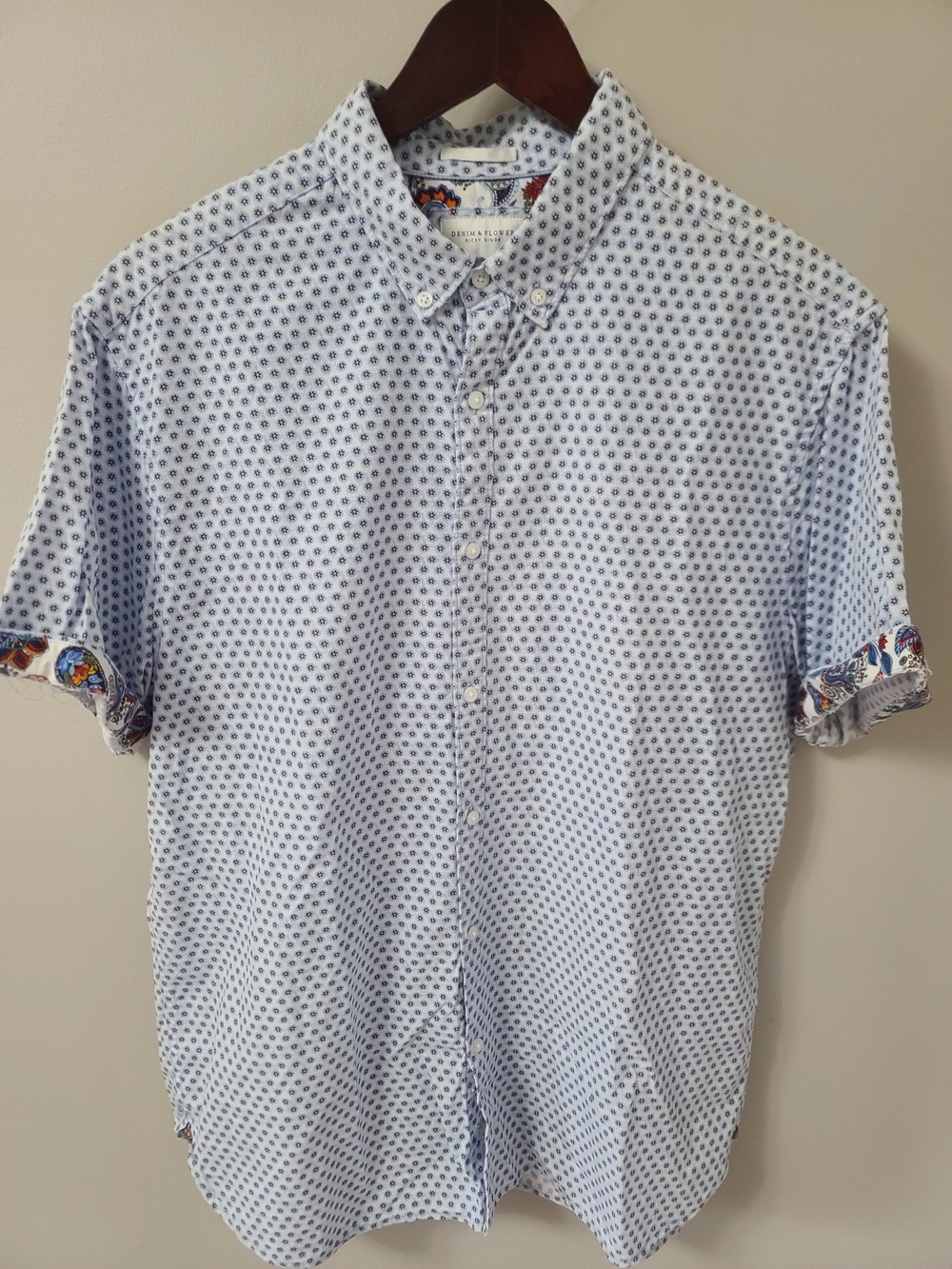 Denim & Flower White Short-Sleeve Button-Down with Navy Micro Print